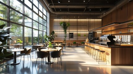 A modern cafe with sleek design and large windows that let in plenty of natural light. The menu features a range of artisanal coffees