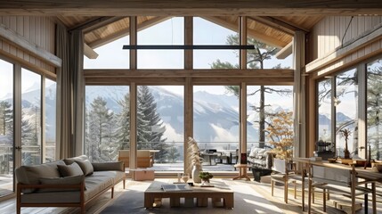 A mountain house model with a chalet design, wooden interiors, and large windows overlooking the landscape