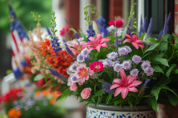 A red, white, and blue flower arrangement in a vase with American flags on Independence Day, Generative AI