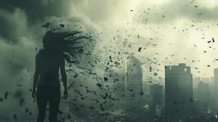 Person Standing Against Strong Wind with Debris Flying for Disaster Preparedness Campaigns