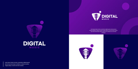 music logo with guitar negative space, digital shopping store, logo design illustration.