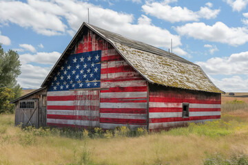 An old barn painted with an American flag mural for Independence Day, Generative AI