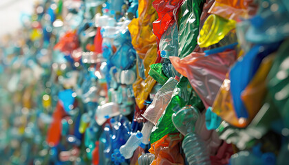 Fototapeta premium Molecular recycling breaking down plastic bottles waste at the recycling center.