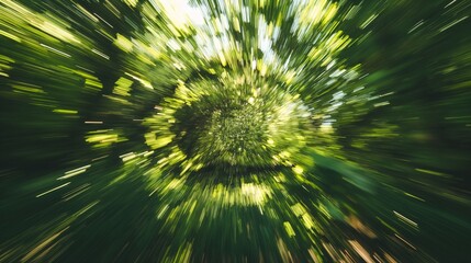 Obraz premium Abstract motion blur effect with green foliage creating a dynamic, vibrant, and energetic visual experience in a forest setting.