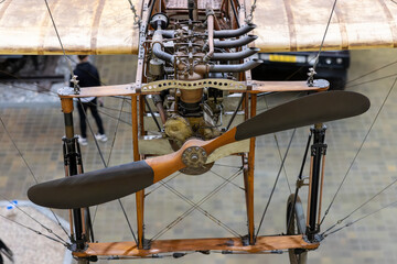 Closeup of vintage airplane propeller and engine