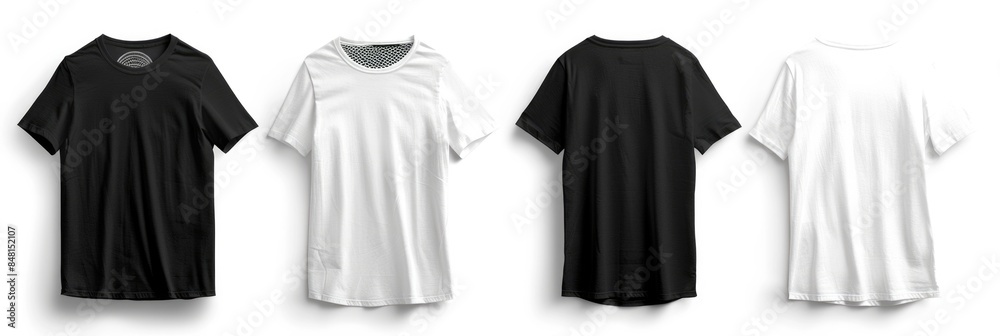 Sticker T Shirt Blank. Black Widener Sleeve Shirt Template, Front and Back View, White Background