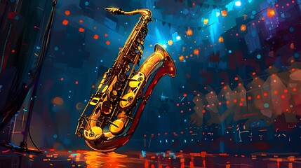 A colorful abstract illustration of a gold tenor saxophone with musical notes