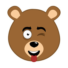 vector illustration face character brown bear grizzly cartoon with a cheerful expression, winking eye and sticking out tongue