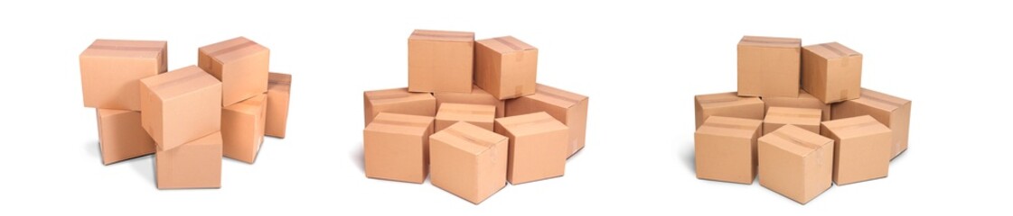 Title: cardboard pile or piles box or stack carton isolated on white background. Online marketing packaging boxes and delivery