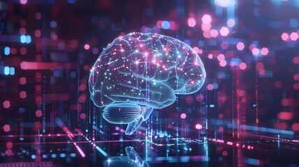 Obraz premium A brain with a lot of lines and dots surrounding it. The brain is blue and orange. The image is abstract and has a futuristic feel to it
