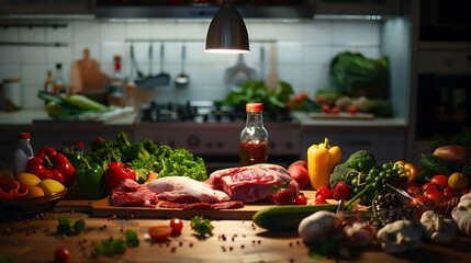Fototapeta premium Top view of vegetables, fruit and meat on the desk. Healthy, dieting, and vegan food concept.