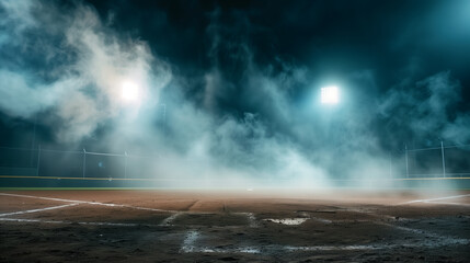 A baseball field with a foggy atmosphere. The field is empty and the lights are on