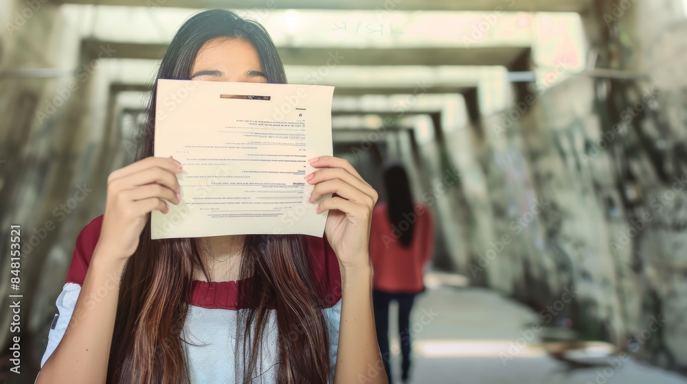 Wall mural a girl holding a paper with a resume on it