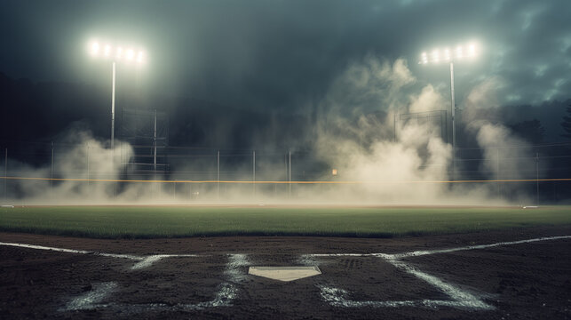 A baseball field with a foggy atmosphere. The field is empty and the lights are on