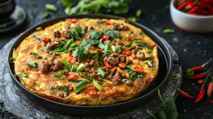 A savory serving of Kai Jiew, a Thai-style omelet with ground pork, crispy and golden, perfect for any meal