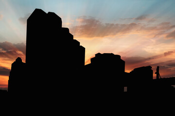 Silhouette building of bangkok with clouds sky and sunset background ,in city.