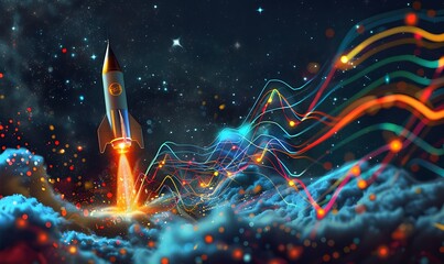 A sleek rocket soaring through a starry sky, trailing behind a vibrant chart depicting exponential growth