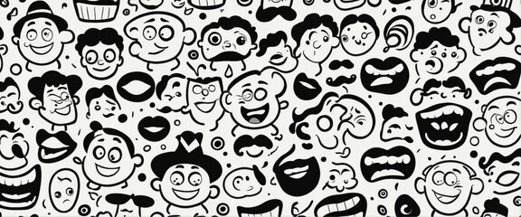 Fototapeta premium funny abstract cartoon faces wall paper, black and white illustration