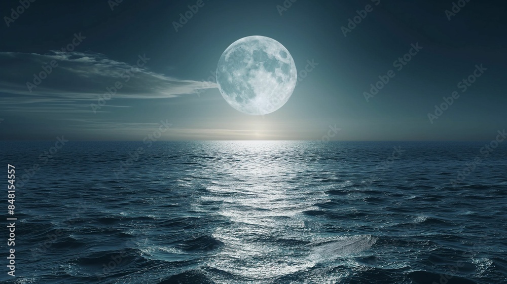 Wall mural full moon over the ocean with moonlight reflection on water.