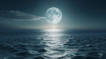 Full moon over the ocean with moonlight reflection on water.