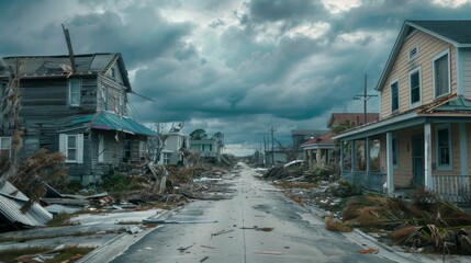 Row of Houses with Roofs Torn Off by Powerful Hurricane for Disaster Recovery Campaigns
