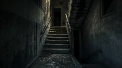 Dark, dilapidated staircase in an abandoned building.