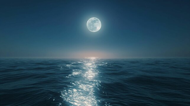 Full moon over the ocean with moonlight reflection on water.
