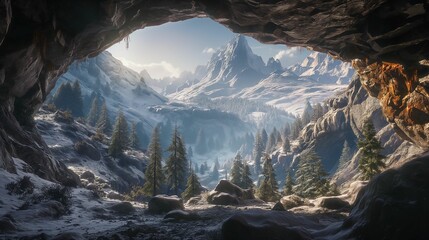 Mountain landscape viewed from inside a cave with snow-covered trees and peaks in the distance.