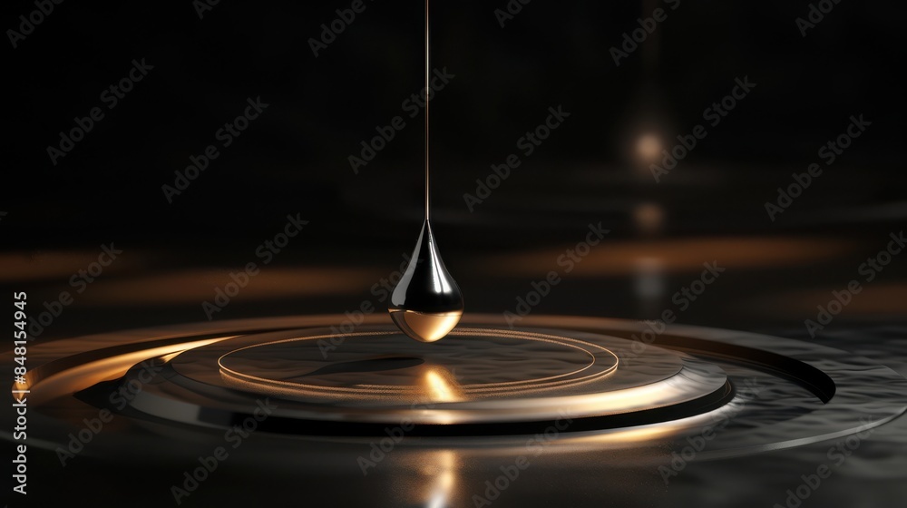 Poster Close-up of an elegant liquid drop suspended above a surface, creating a ripple effect in a dark, minimalistic setting.
