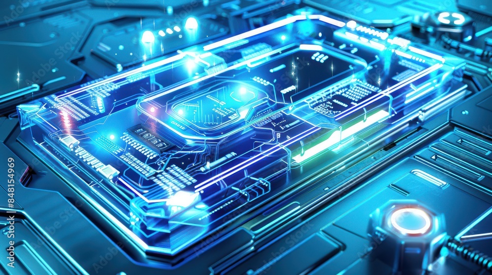 Poster close-up of a futuristic circuit board featuring glowing blue led lights and advanced electronic com