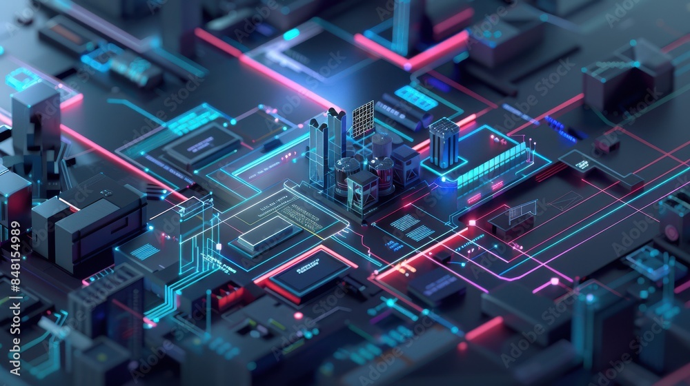 Poster a detailed futuristic circuit board featuring intricate neon light paths in blue and pink, highlight