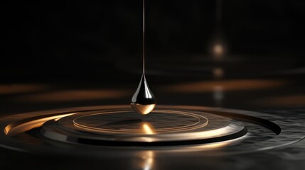 Obraz premium Close-up of an elegant liquid drop suspended above a surface, creating a ripple effect in a dark, minimalistic setting. 