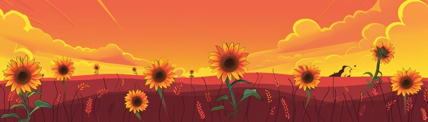 Fototapeta premium Vibrant sunset over a sunflower field with a gradient orange sky, creating a warm and serene landscape. Perfect for nature and landscape enthusiasts.