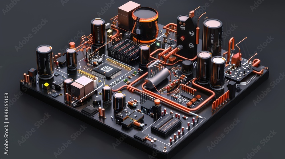 Aufkleber a detailed electronic circuit board featuring various components and prominent copper elements, show