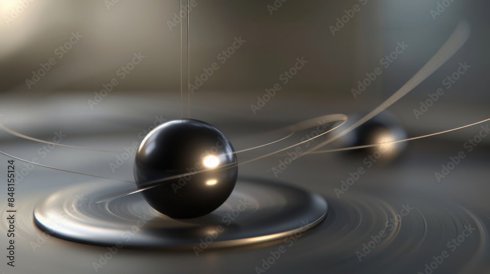 Poster Close-up of a minimalist pendulum in motion, featuring a sleek metallic sphere and abstract motion blur against a soft background.
