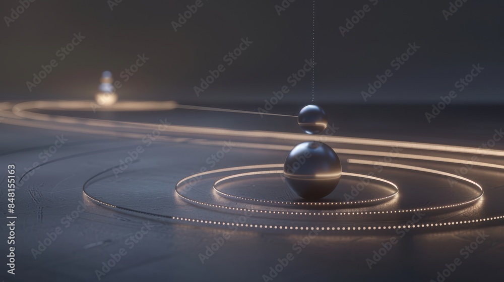 Poster abstract composition of suspended spheres creating glowing trails, set in a minimalistic and serene 