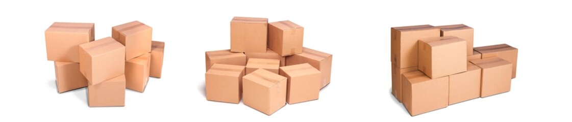 Title: cardboard pile or piles box or stack carton isolated on white background. Online marketing packaging boxes and delivery