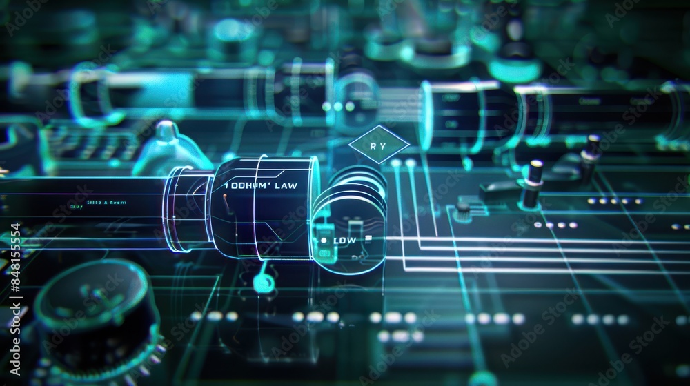 Poster Close-up of a futuristic circuit board with digital interface elements, showcasing advanced technology and electronic components.
