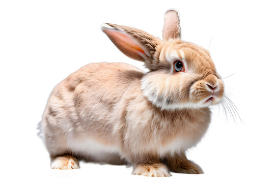tudio portrait of cute rabbit isolated on transparent png background, happy bunny running on floor, adorable fluffy rabbit that sniffing.