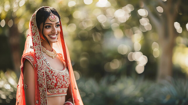 Attractive east Indian woman in bridal dress, outdoor