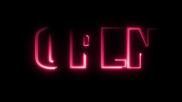 text neon animaton black background. open ,play icon
