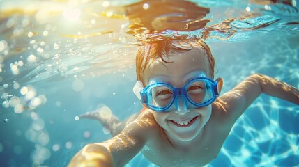 Naklejka premium Cute smiling child having fun swimming and diving in the pool at the resort on summer vacation. Sun shines under water and sparkling water reflection. Activities and sports to happy kid
