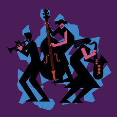 Jazz Band, dixieland, Contrabass, saxophon, trumpet.
 Funny flat design Illustration of two women jazz musicians and man with trumpet. Black silhouettes.	
