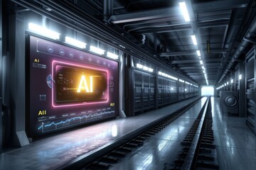 Obraz premium Futuristic AI Data Center Corridor with Neon Lights