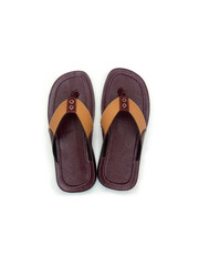 Men's flat photo colourful slippers isolated on white background. Top view angle