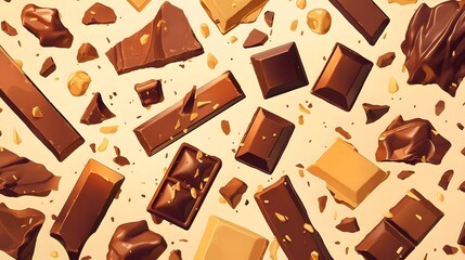 Assorted chocolate pieces with various textures and flavors scattered on a beige background.