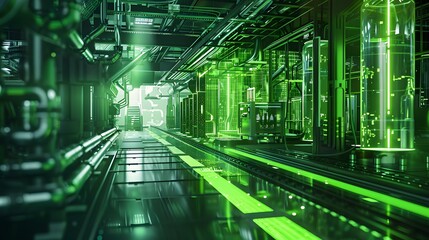 A green computer room with many green lights