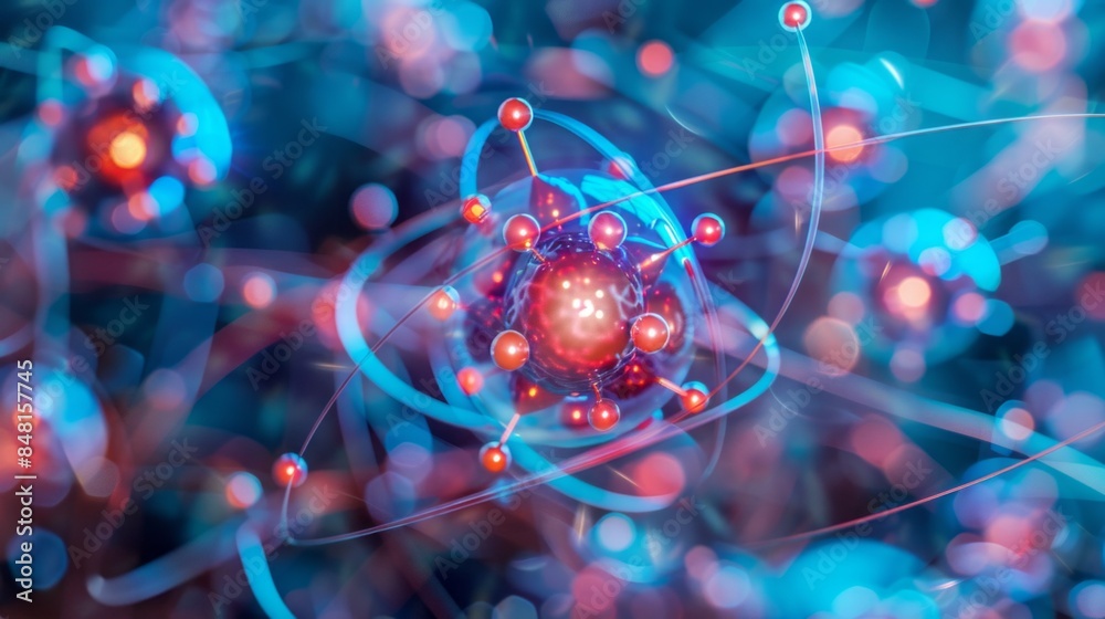 Poster a colorful image of atoms and molecules with a red ball in the middle