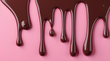 Close-up of melted chocolate dripping on vibrant pink background, creating striking contrast