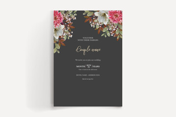 WEDDING INVITATION FRAME WITH FLOWER DECORATIONS AND FRESH LEAVES 